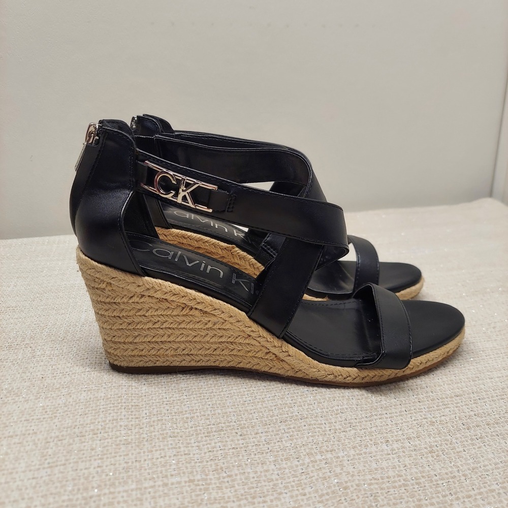 Calvin Klein Babory Womens Black Wedge Espadrille Sandals CK Logo Size 9.5M